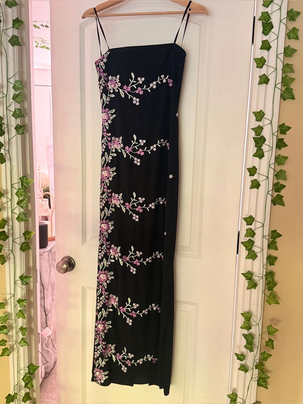 Vintage Dillard's Roberta Black and Purple Floral Embroidered Maxi Dress